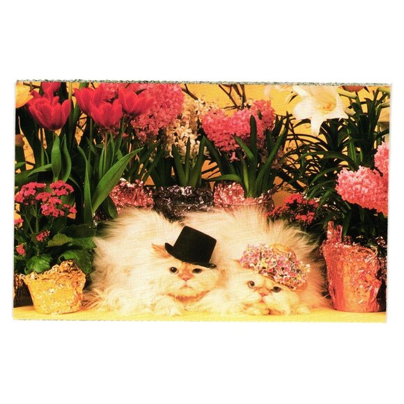 Vintage Mary Bloom Postcard Cats In Hats With Flowers Scene Tulips Hyacinth - Picture 1 of 2